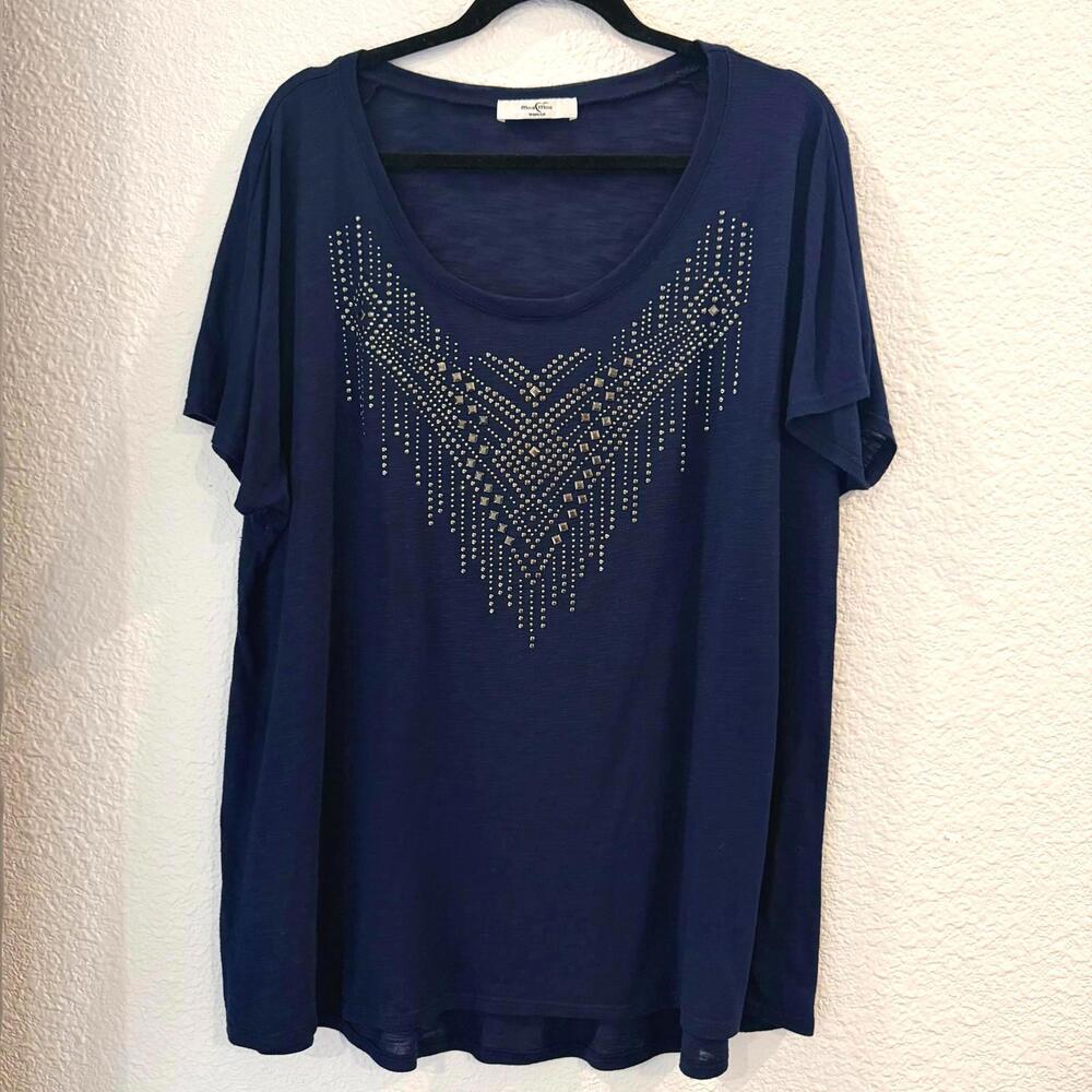 Moa Moa Women’s 2XL Navy Blue Studded Semi Sheer Lightweight Short Sleeve Top